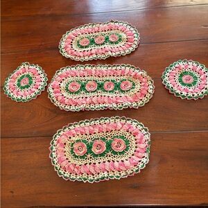Handmade Crochet Doily Set Pink Green white rose pattern coasters placemat 5 pcs